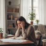 Mujer reflexionando sobre una relación codependiente, mostrando agobio y confusión emocional.